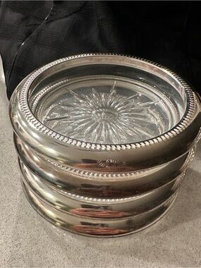 Silver Plated mid-century Glass Coaster Set Leonard /vintage set of 4
